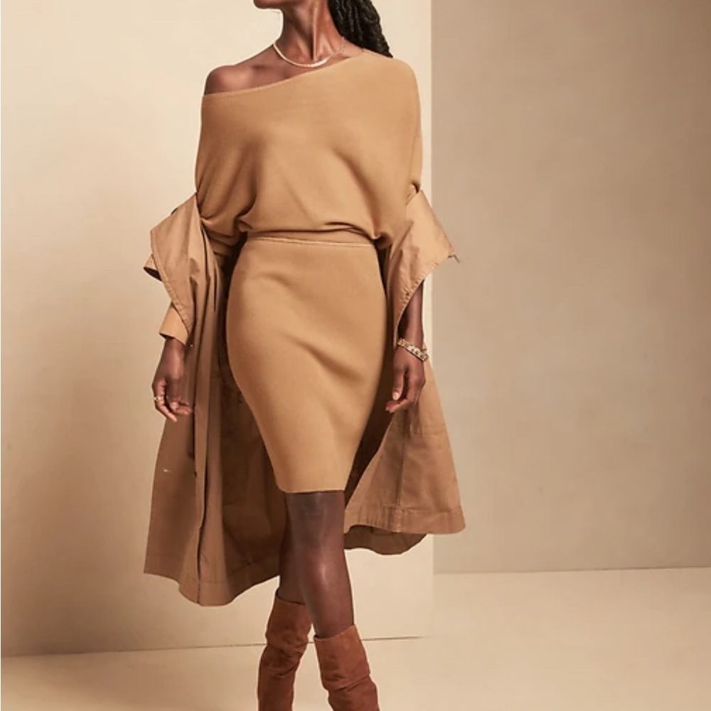 Banana Republic NWT Colleta Off-Shoulder Camel Color Sweater Dress | Size Large